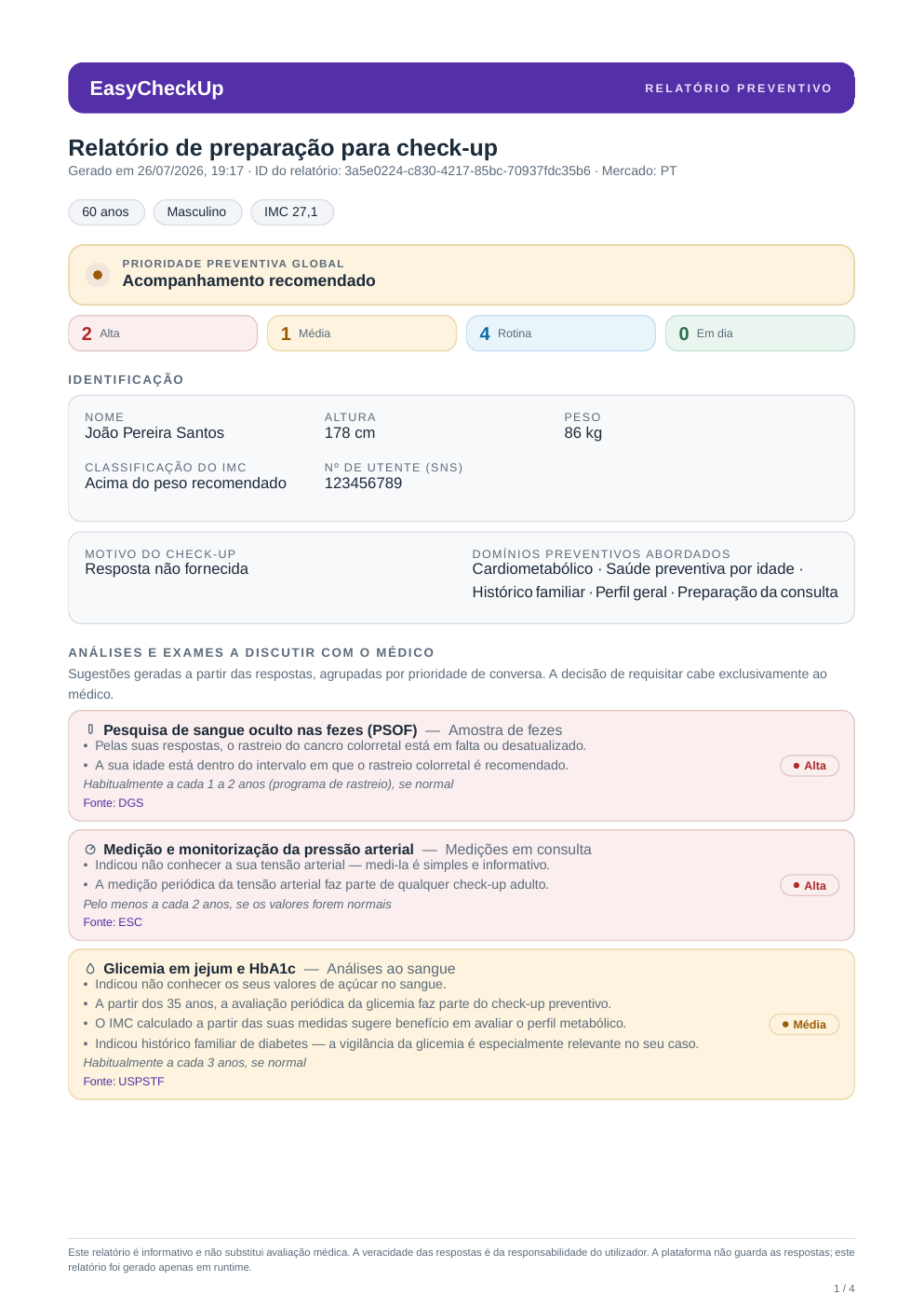 First page of the report: profile, preventive priority and tests to discuss with the doctor.