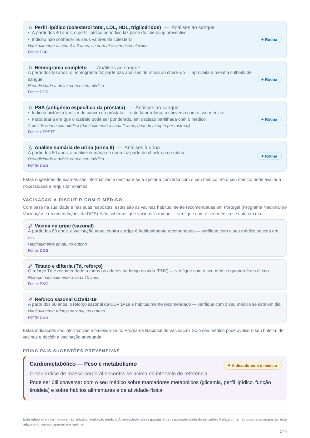 Second page of the report: routine exams, vaccines and preventive suggestions.